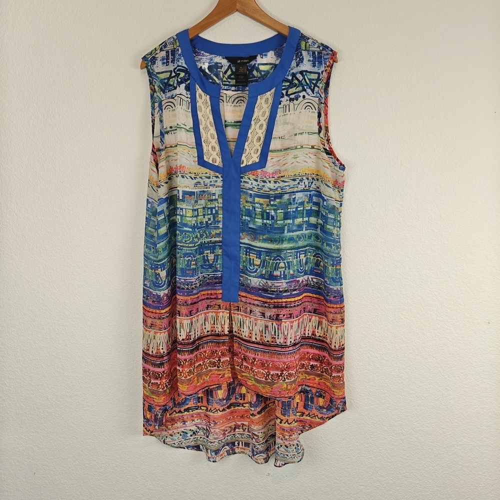 Ali Miles Sleeveless Abstract Colorful V-neck Hi Low Chiffon Blouse Size XL